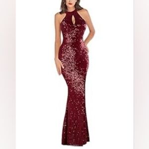 red sequin halter dress